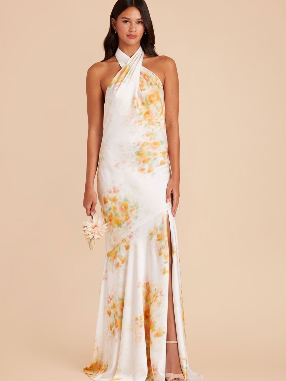 Birdy Grey Stephanie Matte Satin Dress White Blurred Floral Large NWT